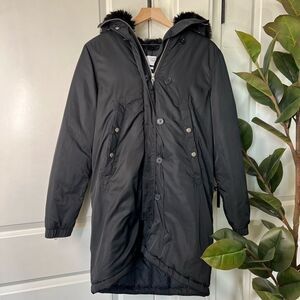 Filippa k black coat fur hood womens size small winter outdoor jacket